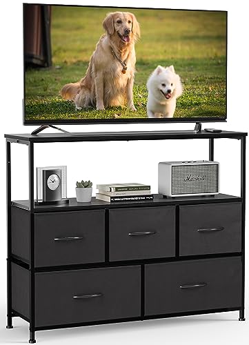 Image of NEWBULIG Dresser,Dresser with 5 Fabric Drawers,Chest of Drawers,Storage Tower, TV Stand Organizer Storage for Bedroom Living Room Hallway, Easy Pull Fabric Bins,Wooden Top, Sturdy Steel Frame,Grey