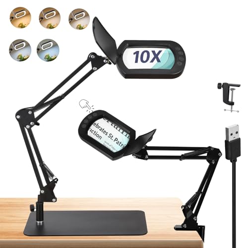 Magnifying Glass with Light 10X: 5 Color Modes Stepless Dimmable Real Glass LED Lighted Magnifier Lamp Stand - Hands Free Magnifying Glasses Desk Lamp for Reading Close Work Painting Craft Hobby