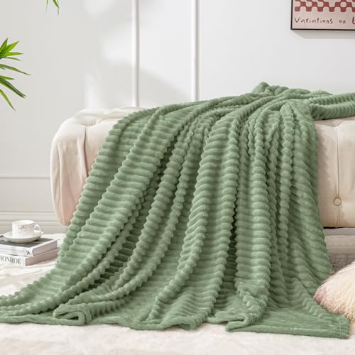 Image of BEDELITE Fleece Throw Blanket for Couch - 3D Ribbed Jacquard Soft and Warm Decorative Fuzzy Blanket - Cozy, Fluffy, Plush Lightweight Sage Grey Green Throw Blankets for Bed, Sofa, 50x60 inches