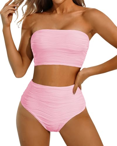 Image of High Waisted Bandeau Bikini Set - Women Strapless Two Piece Swimsuits Ribbed Longline Full Coverage Bathing Suits Swimwear