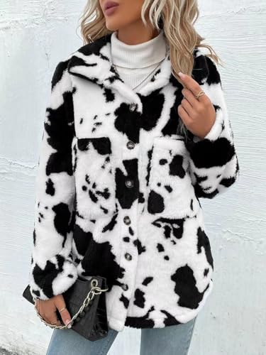 HBER Women's Casual Faux Fur Jacket Trendy Long Sleeve Button Up Cow Print Autumn Winter Loose Sherpa Fur Coats with Pockets4