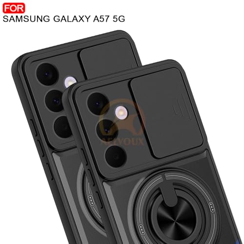 Image of Samsung Galaxy A57 5G Back Cover | Armor Camera Slider 360 Degree Rotating Finger Ring Holder Case with Bracket Stand Back Case Cover (Compatible with MagSafe Accessories) (Black)