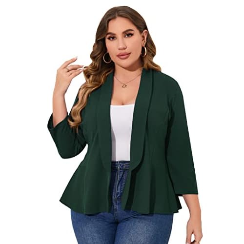 KOJOOIN Women Plus Size Casual Blazer Open Front Long Sleeve Work Office Cardigan Jackets, XX-Large, Dark Green
