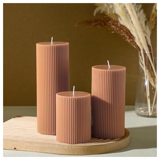 Conelist Ribbed Pillar Candles Set of 3, Width 3" High 4" 6" 8" Large Soy Wax Orchids Scented Pillar Candles Aesthetic Ribbed Modern Home Decor for Bathroom Living Room(Brown)