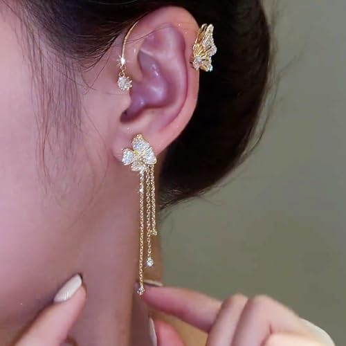 Butterfly Ear Cuffs Earrings Rhinestone Butterfly Flower Ear Wrap No Piercing Tassel Earrings for Women3