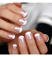 Pearl Shine Pink French Nail Press On Nails for Daily Wear White Round Fake Nails Short Glossy Sa...
