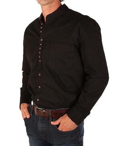 The Celtic Ranch Collarless Shirt for Men, Irish Grandfather Cotton Linen Long Sleeve Button Down Banded Collar Dress Shirt with Pocket (Meteorite Black, XL)
