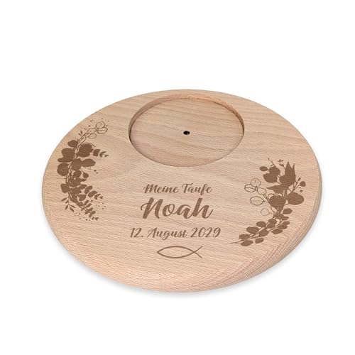 Striefchen Personalisierter Kerzenhalter aus Holz zur Taufe Kommunion oder Konfirmation Untersetzer für Kerzen mit Name Datum & Wunschtext Kerzenteller aus Buchenholz (Fisch)