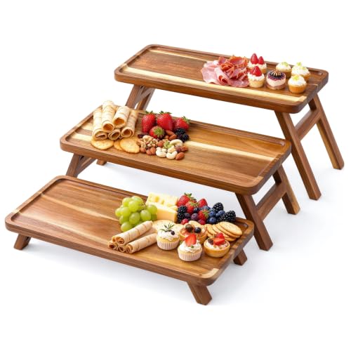 Tiered Serving Tray 17 Inch Acacia Wooden Cupcake Stand & Platters 3 Tiered Tray Foldable Dessert Table Display Set Decor for Party Charcuterie Boards for Birthday, Wedding, Christmas, Valentine's Day