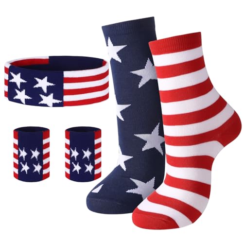 4th of July Sweatband Set American Flag Sports Headband Wristband and Socks Red White Blue Striped Sweatband for Men Women Sports Workout