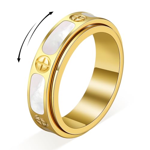 YellovEvey Rings For Women Jesus Mother of Pearl Gold Plated Stainless Steel Fidget Ring Anxiety Relief Non Tarnish Engagement Band Ring Fashion Stackable Womens Rings (Gold, 10)