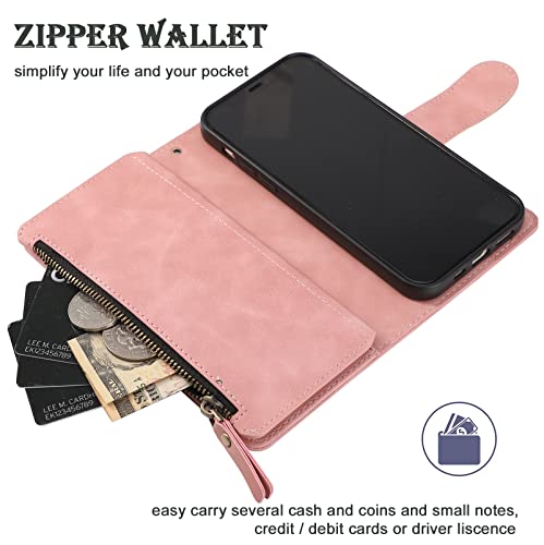 RANYOK Wallet Case Compatible with iPhone 13/14 (6.1 inch), Premium PU Leather Zipper Flip Folio Wallet RFID Blocking with Wrist Strap Magnetic Closure Built-in Kickstand Protective Case (Pink) by RANYOK - Used condition - Image 5