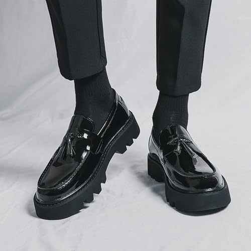 Mocassini Da Uomo Con Suola Spessa In Pelle Verniciata Classici Con Punta Rotonda E Tacco Spesso Slip-On Scarpe Casual Da Lavoro Formali,Nero,43 Eu - 4