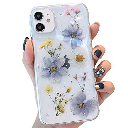 Tybiky Funda para iPhone 13 Pro, funda de silicona auténtica con flores secas hechas a mano, transparente, ultrafina, inmortal para iPhone 13 Pro, 3 morado 1 blanco Cover