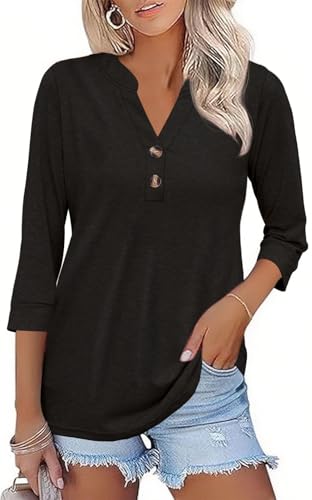 ZAAYOGARDEN Spring Tops for Women 2025 3/4 Sleeve Summer Button Down Shirts Cute Western Outfit Ladies Tops and Blouse Black