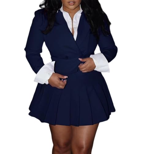 Ptorlio Women Business Casual 2 Piece Outfits Cropped Blazers Jackets and Pleated Mini Skirt Matching Sets Suits