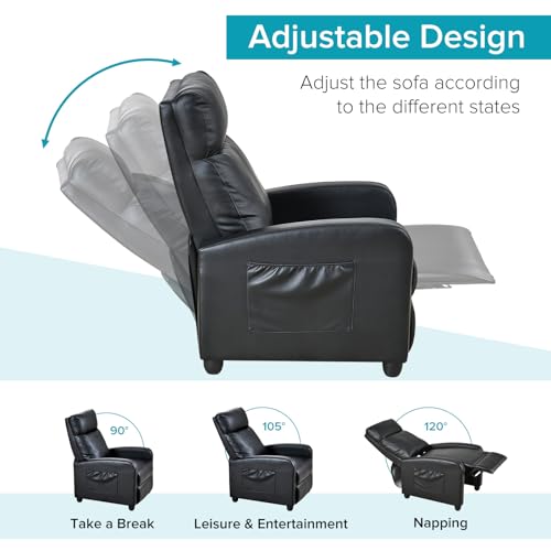 Push Back Recliner Chair for Adults with Lumbar Support - Single Sofa for Living Room, Home Theater Seating, Black PU Leather
