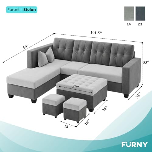 Image of FURNY Nathan 8 Seater L Shape Sofa Set LHS (Light Grey-Dark Grey) | Suede Velvet Finish | Durable Comfort Sofa for Modern Living Room & Office Spaces