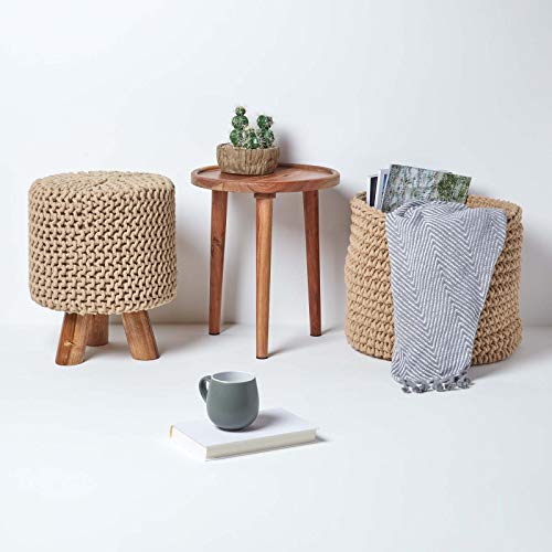 Pouf tricot tressé beige 32x32 cm pieds bois Homescapes