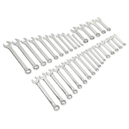 Sealey S01063 Combination Spanner Set, Metric/Imperial, 397mm x 332mm x 49mm, Silver, 33 Pieces
