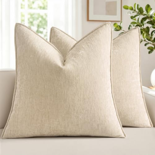 MIULEE Chenille Couch Pillow Covers for Living Room 18x18 Natural Beige
