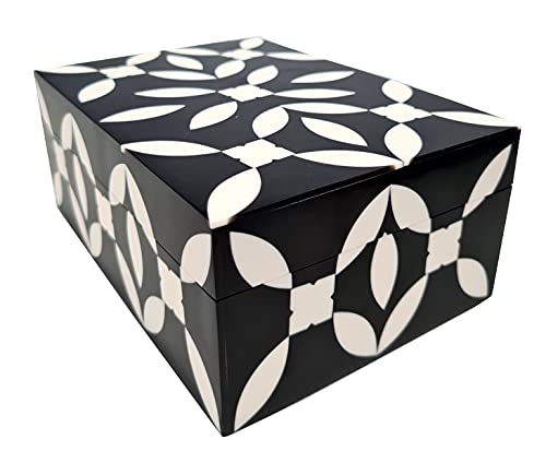 Collectiblesbuy Handmade Natural Bone Inlay Decorative Jewelry & Storage Box Floral Design - Black & White #TOP4