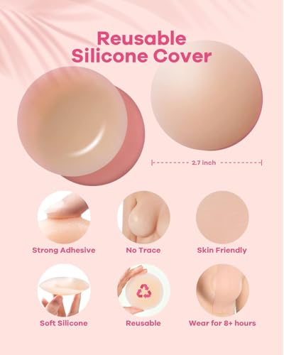 Image of COOFANDY Adhesive Bra Push Up Boob Tape for Large Breasts - With 1 Pair Reusable Invisible Silicone Nipple Covers, 36 Strips Fabric Tape for Women Clothing and Body, Suitable for Breasts A-G Cup Beige