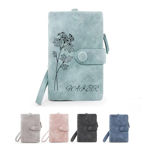 Personalized Wallet Custom Birth Flower & Name, Simple High-end Flowers, Wristlet Wallets for Women, Leather Wallets for Women, Teen Girl Christmas Gifts 2024, Wallet Women (Light blue)
