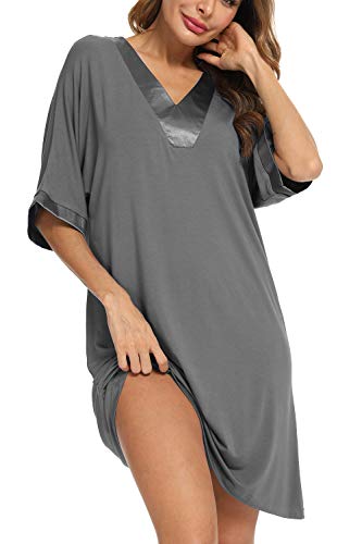 Vslarh Women's Short Sleeve Nightgown Soft Sleepshirts V Neck Lightweight Sleepwear Comfy Pajamas Dress(Gray,Medium) #TOP1