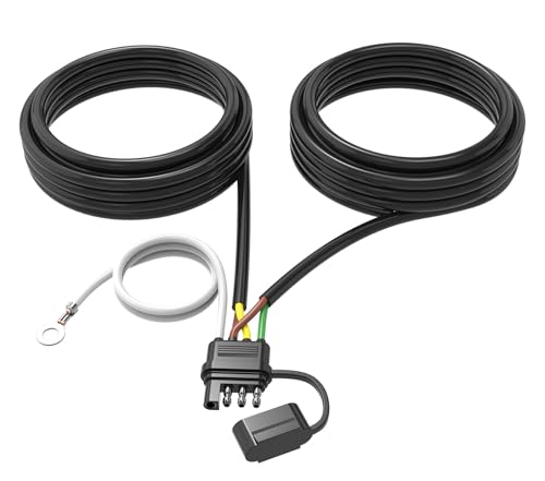 Malictele 4 Pin 5 Wire Trailer Wiring Harness Kit, 26FT 16AWG Core with Jacketed Cable Trailer Light Kit 4 Way Flat 5 Wire Trailer Plug for Rewiring Both-Side Taillights on Trailers RVs and Boats