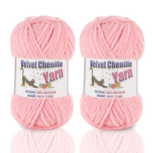 2 * 100g/3.5oz Fluffy Chenille Yarn for Crocheting Chunky Velvet Yarn for Crochet Amigurumi Used for Making Baby Yarns Blanket Clothes Pattern Knitting Creations (Pink)