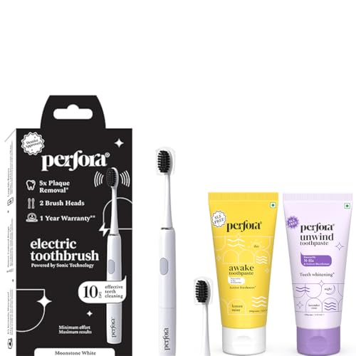 Image of Perfora Electric Toothbrush, 2 Modes, AAA Powered, 2 Brush Heads, 90 Days Battery, For Men, Women & Kids, 002 - White (Brush-Toothpaste Combo) - 3 Count