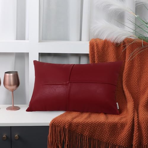 Image of BRAWARM Faux Leather Throw Pillow Covers 12 X 20 Inches, Deep Red Leather Lumbar Pillow Covers Pack of 2, Hand Stitched Leather Decorative Throw Pillows for Couch Sofa Bed Living Room Home Garden