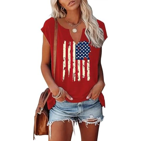 Women's American Flag V Neck Tank Tops 4th of July Funny Patriotic Graphic Cap Sleeve Tee Summer Loose Fit Patriotic Shirt(L,Z-Red) Cover