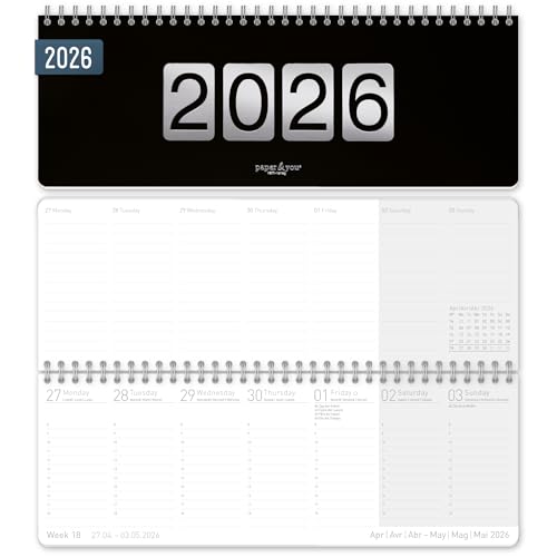 Häfft® Calendario de escritorio semanal internacional 2026 apaisado 'Black Edition' 1 semana 2 páginas, 29,8 x 11,6 cm, multilingüe - sostenible y respetuoso con el clima