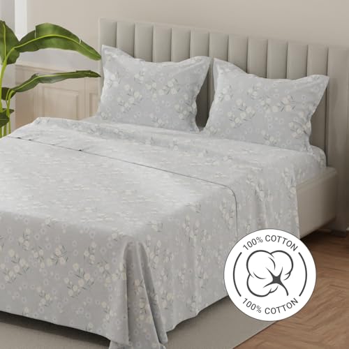 Image of Layers 100% Cotton Bedsheet for King Size Bed | Lumina Floret Collection | 144 TC Soft & Breathable | Printed with 2 Pillow Covers | Wrinkle Free & Colorfast | 3 Piece Bedding Set - Grey