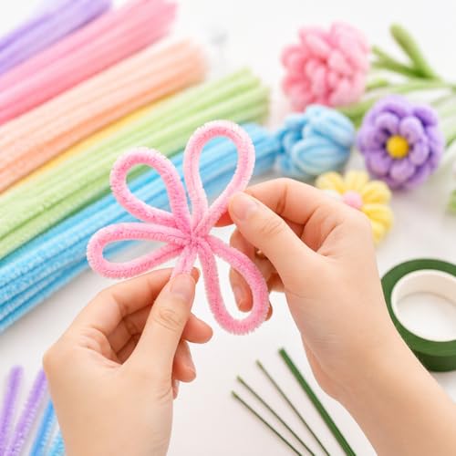 Image of Pipe Cleaners for Craft Flower Making Set, Fuzzy Chenille Stems and Fluffy Sticks with Floral Tape and Wire, for Kids Arts and Crafts(pipe cleaners-100 /stem wire-30 /green tape-3)