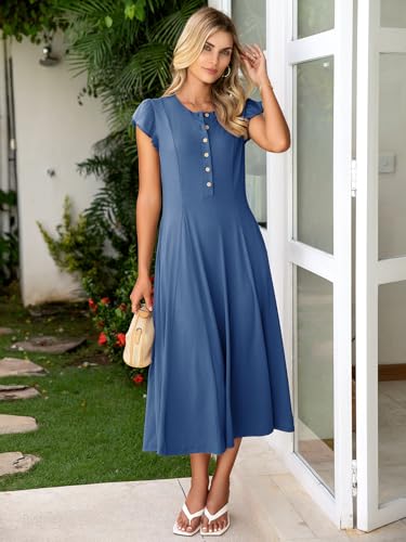 Image of Simplee Womens Summer Casual Dress - Flutter Short Sleeve Beach Boho A Line Flowy Button Crewneck Long Dress(Dark Blue,Large)