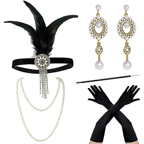 FAIRY COUPLE Women's 1920s Accessories Set Gatsby Costume 20s Flapper Headband Necklace Gloves Cigarette Holder, Set-16, One Size Cover