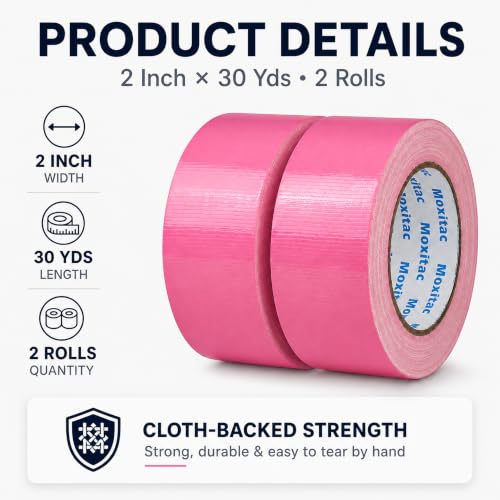 Image of Pink Duct Tape, 2 Rolls, 2 in x 30 yd, Heavy Duty Cloth Tape