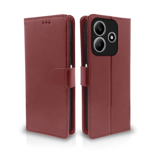 Image of Amazon Basics Flip Cover for Redmi Note 14 5G Leather Finish | Wallet Stand and Shock Proof | Inside TPU with Card Pockets | Complete Protection Flip Case (Brown)