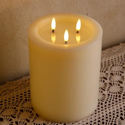 Image of 6 inchx8 inch Large Flameless Candles with Remote, Real Wax Big Battery Operated Candles with 3 Wicks, Flickering LED Pillar Candle for Tables, Mantle, Home, Wedding, Party Decor