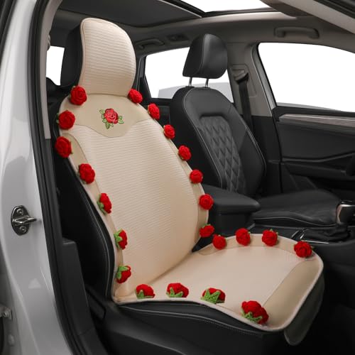 Custaura Car Seat Covers,Handmade 3D Rose Design Floral Car Seat Protector,Beige&Red Elegant Seat Cushion,Luxury Universal Front Seat Covers for Women for Cars,SUVs&Trucks (1-Piece)