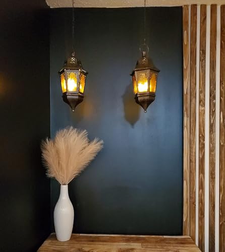 NEEDOMO Hanging Moroccan Lantern, 13.5'' Vintage Metal Candle Holder with 14.8" Chain, Ramadan Lanterns Decorative Indoor Outdoor for Home, Table, Patio, Porch, Christmas,Halloween, Spring (Amber)