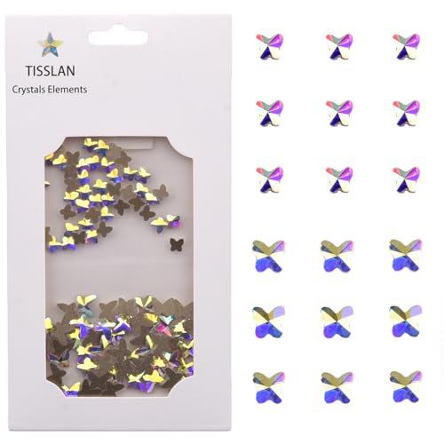 Tisslan 100pcs 2 Size Glass Flat Back Crystal Ab Butterfly Shape Nail Rhinestones 3D Stone Gems for Beauty Acrylic Nails Decoration DIY Crafts Accessories Supply