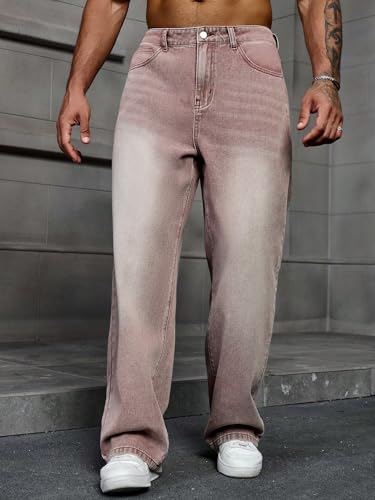 Image of AVANOVA Men's Baggy Fit Jeans- Solid Washed Denim Straight Wide-Leg | Streetwear Casual Dailywear Pants for Men | Trendy Loose-Fit Mid-Waist Denim Trousers (Jeans 247)