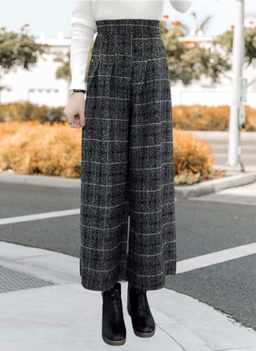 chouyatou Women's Winter High Waist Wide Leg Plaid Wool Blend Palazzo Capri Pants Culottes with Pockets3
