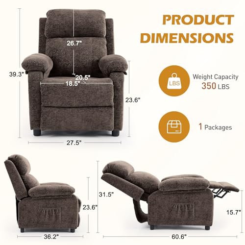 Image of Korser Recliner Chair, Living Room Chairs for Adults, Padded Deep Seat Reading Chair with Side Pockets, Small Recliners for Small Spaces, Lounge Chair for Living Room, Bedroom, and RV (Chenille)