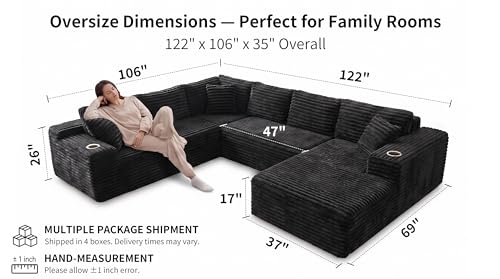 Image of Oversized Cloud Sectional Couches for Living Room, 122 inch U-Shaped 7 Seater Sofa Modular Boneless Couch with Chaise | Deep Seater | Cup Holder | Side Pocket | No-Assembly | Plus Corduroy, Black