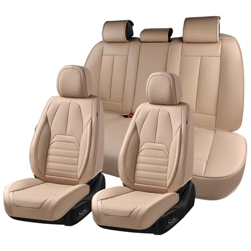 Image of Coverado Car Seat Covers Full Set, Beige Waterproof Nappa Leather Seat Cushion & Seat Protector, Universal Automotive Seat Covers for Front and Rear Seats, Compatible with Most Cars SUV Trucks